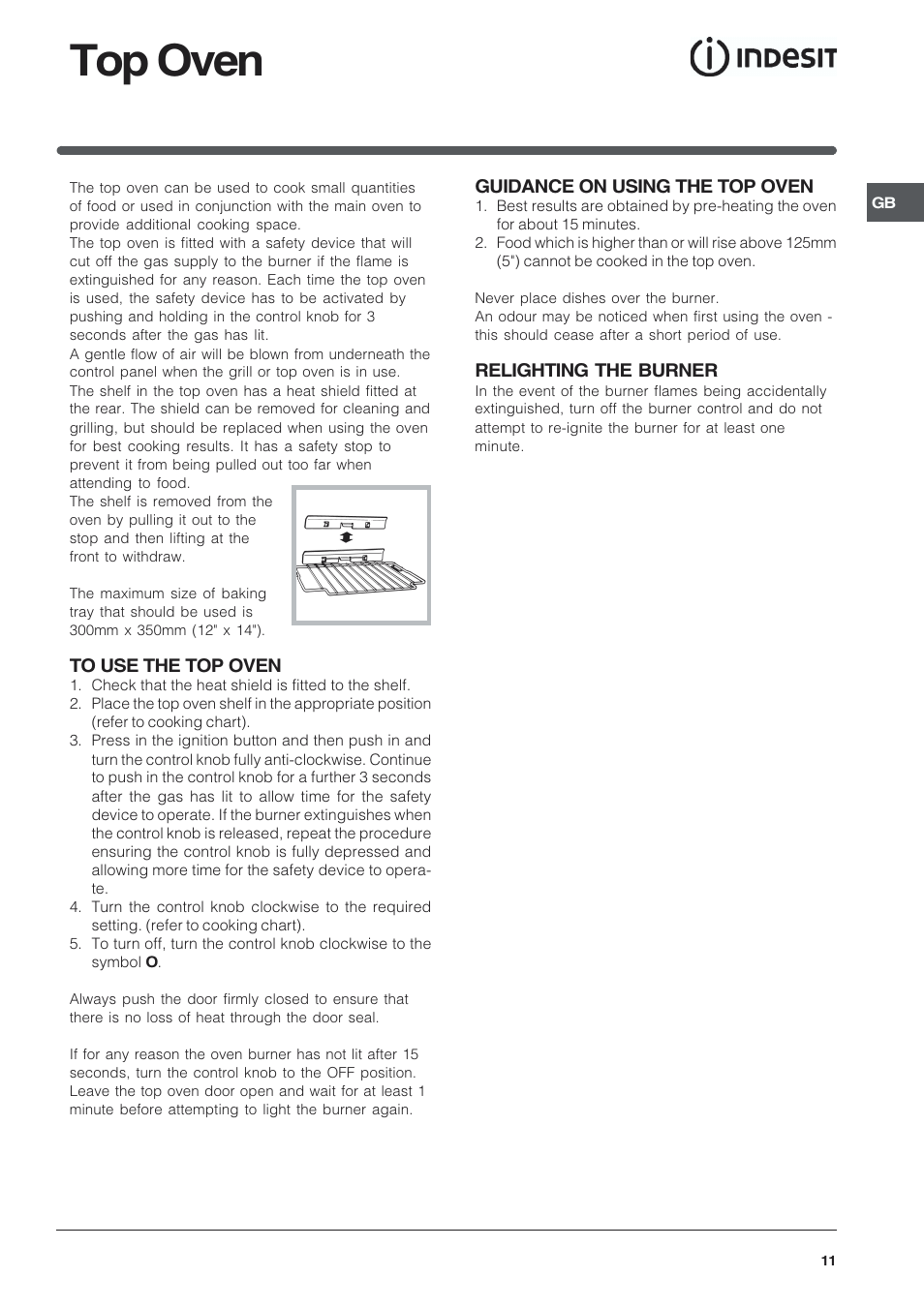Top oven | Indesit KD6G25M User Manual | Page 11 / 24