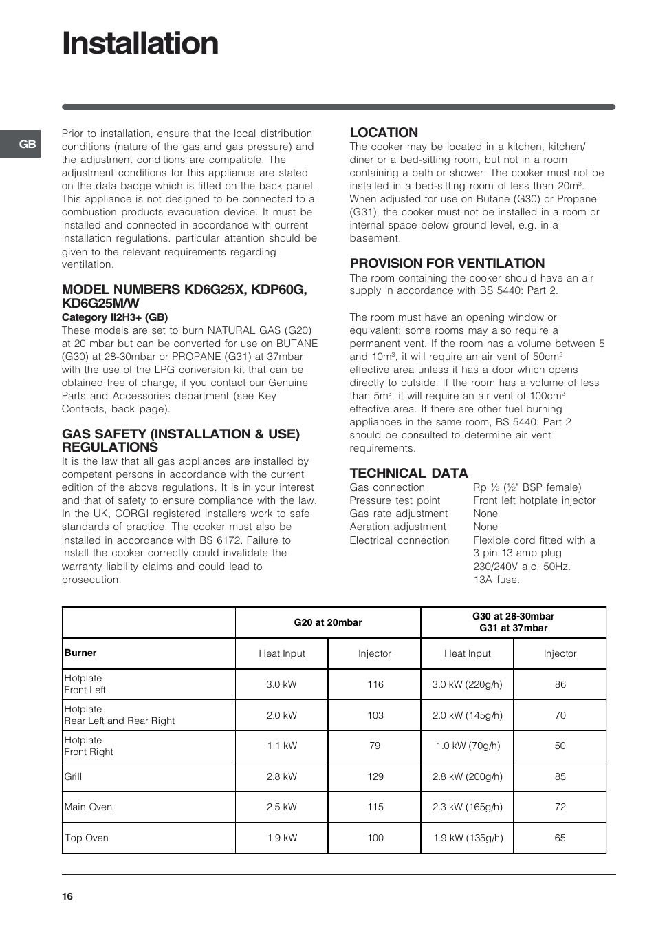 Installation, Gas safety (installation & use) regulations, Location | Provision for ventilation, Technical data | Indesit KD6G25M User Manual | Page 16 / 24