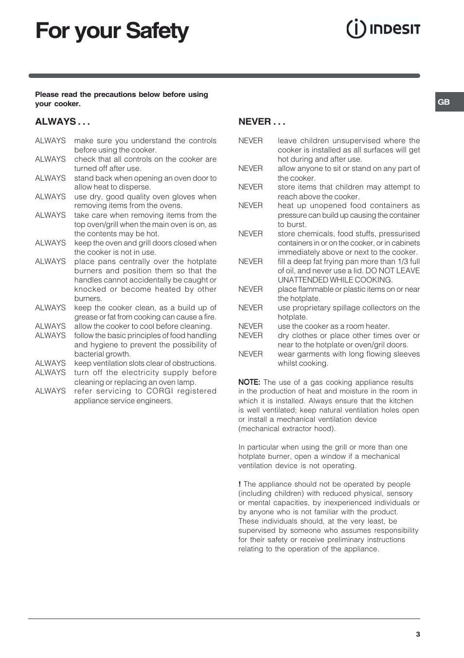 For your safety, Always, Never | Indesit KD6G25M User Manual | Page 3 / 24