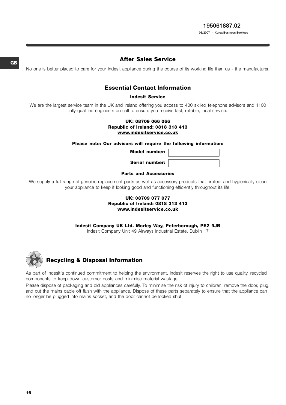 After sales service, Essential contact information, Recycling & disposal information | Indesit SIXL 145 User Manual | Page 16 / 16