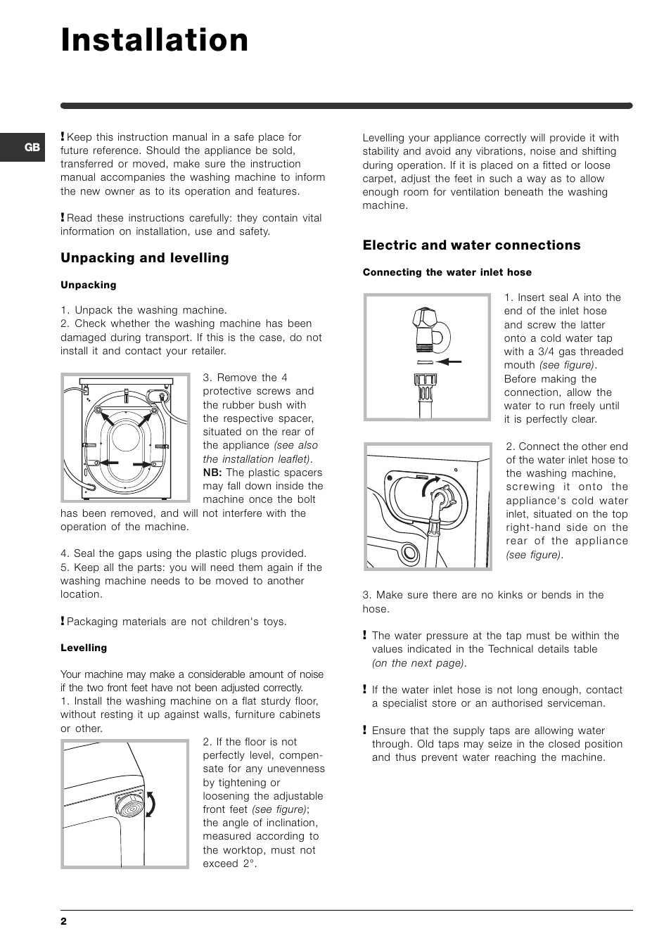 Installation, Unpacking and levelling, Electric and water connections | Indesit SIXL 145 User Manual | Page 2 / 16