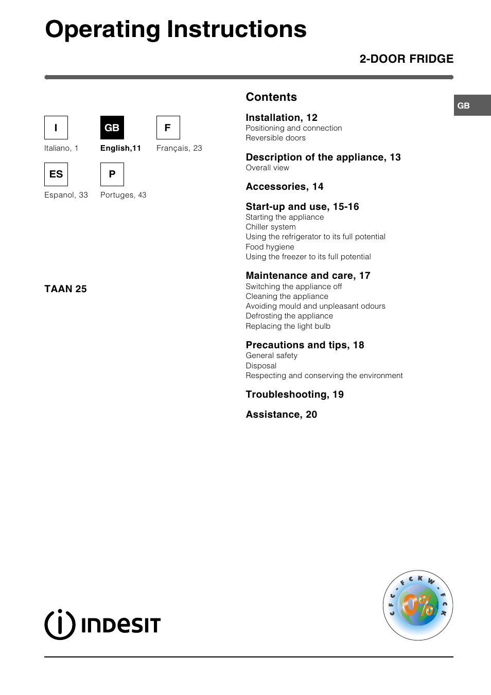 Indesit TAAN 25 User Manual | 12 pages