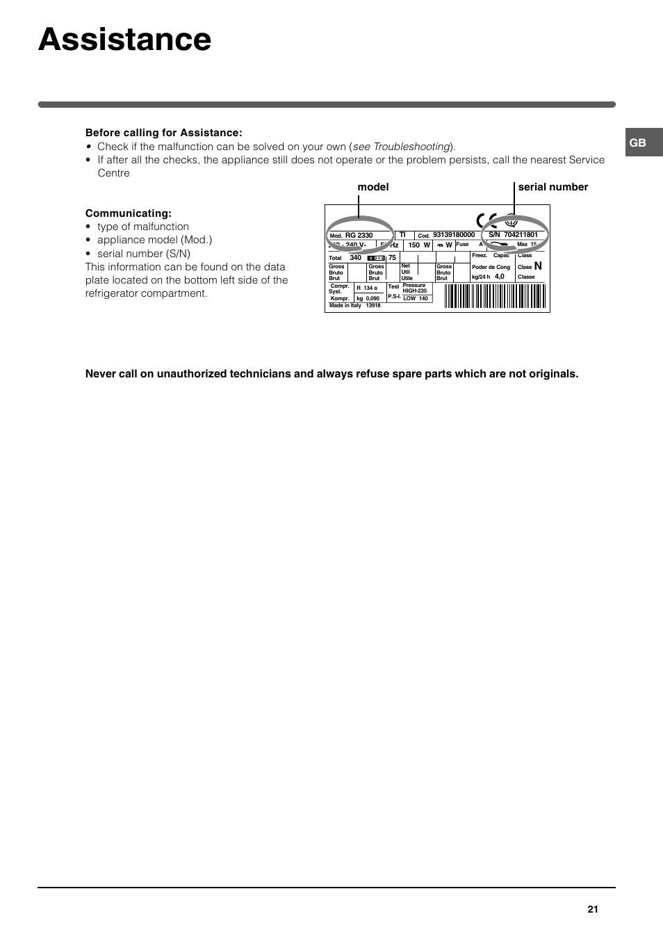 Assistance, Model serial number | Indesit TAAN 25 User Manual | Page 11 / 12