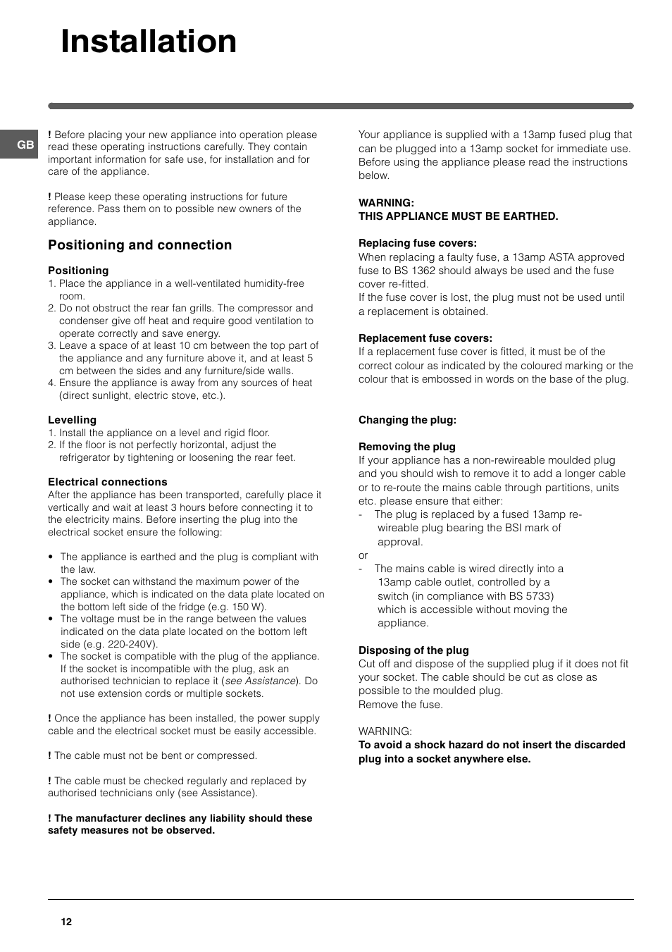 Installation, Positioning and connection | Indesit TAAN 25 User Manual | Page 2 / 12