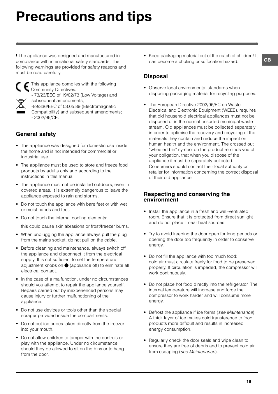 Precautions and tips | Indesit TAAN 25 User Manual | Page 9 / 12