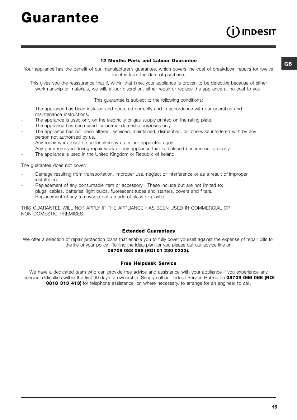 Guarantee | Indesit IWDE 7145 User Manual | Page 15 / 16