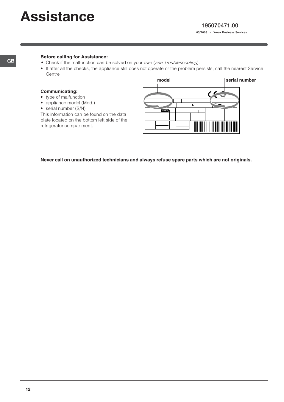 Assistance, Model serial number | Indesit NBAA 33 NF NX D User Manual | Page 12 / 12