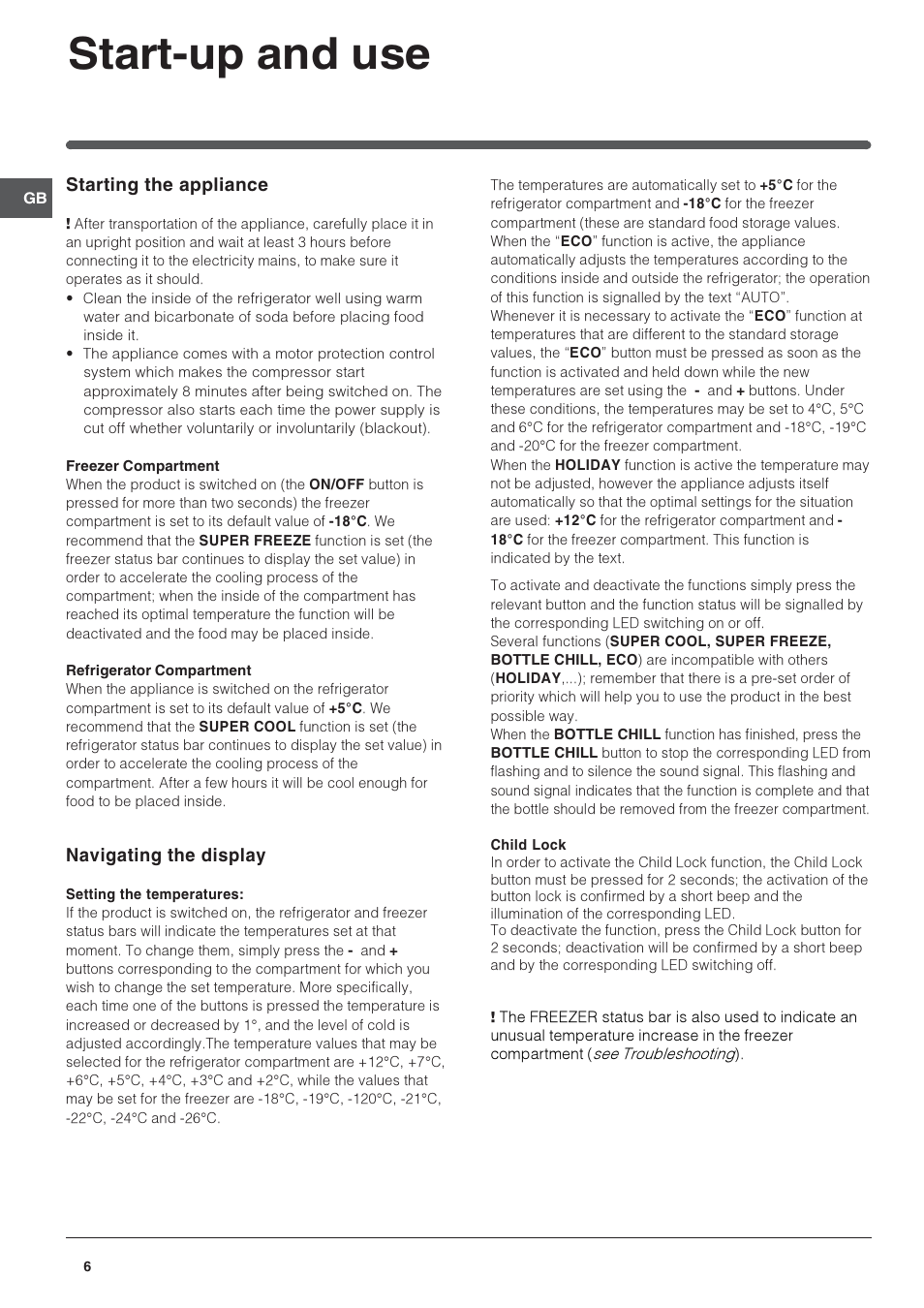 Start-up and use, Starting the appliance, Navigating the display | Indesit NBAA 33 NF NX D User Manual | Page 6 / 12