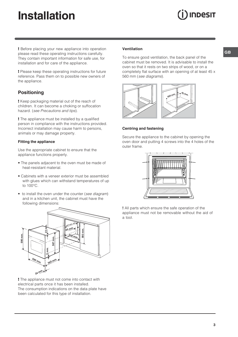 Installation, Positioning | Indesit IFG User Manual | Page 3 / 12