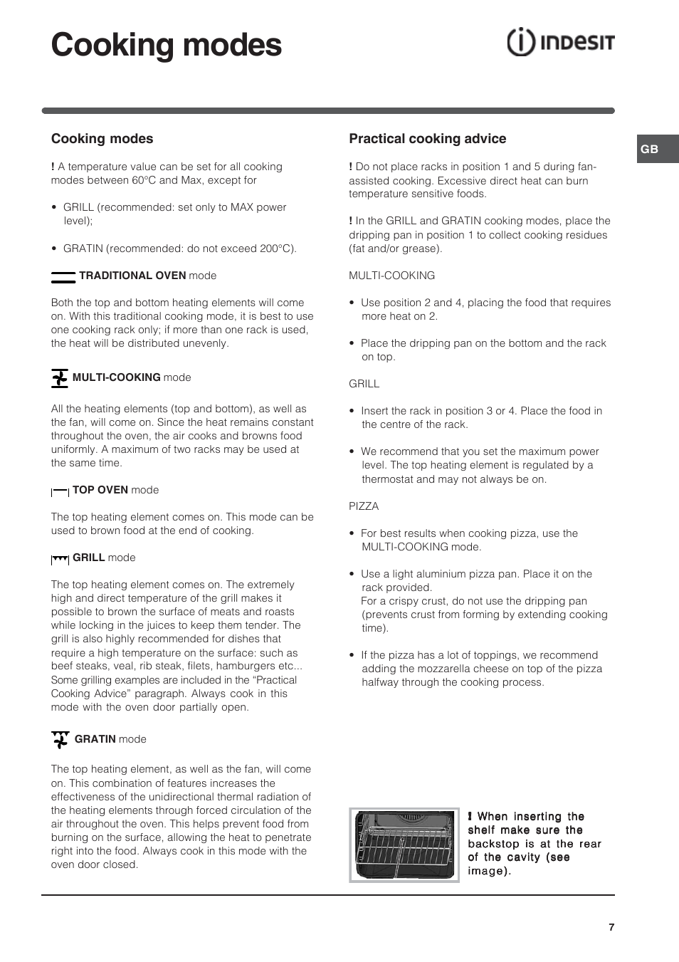 Cooking modes, Practical cooking advice | Indesit IFG User Manual | Page 7 / 12