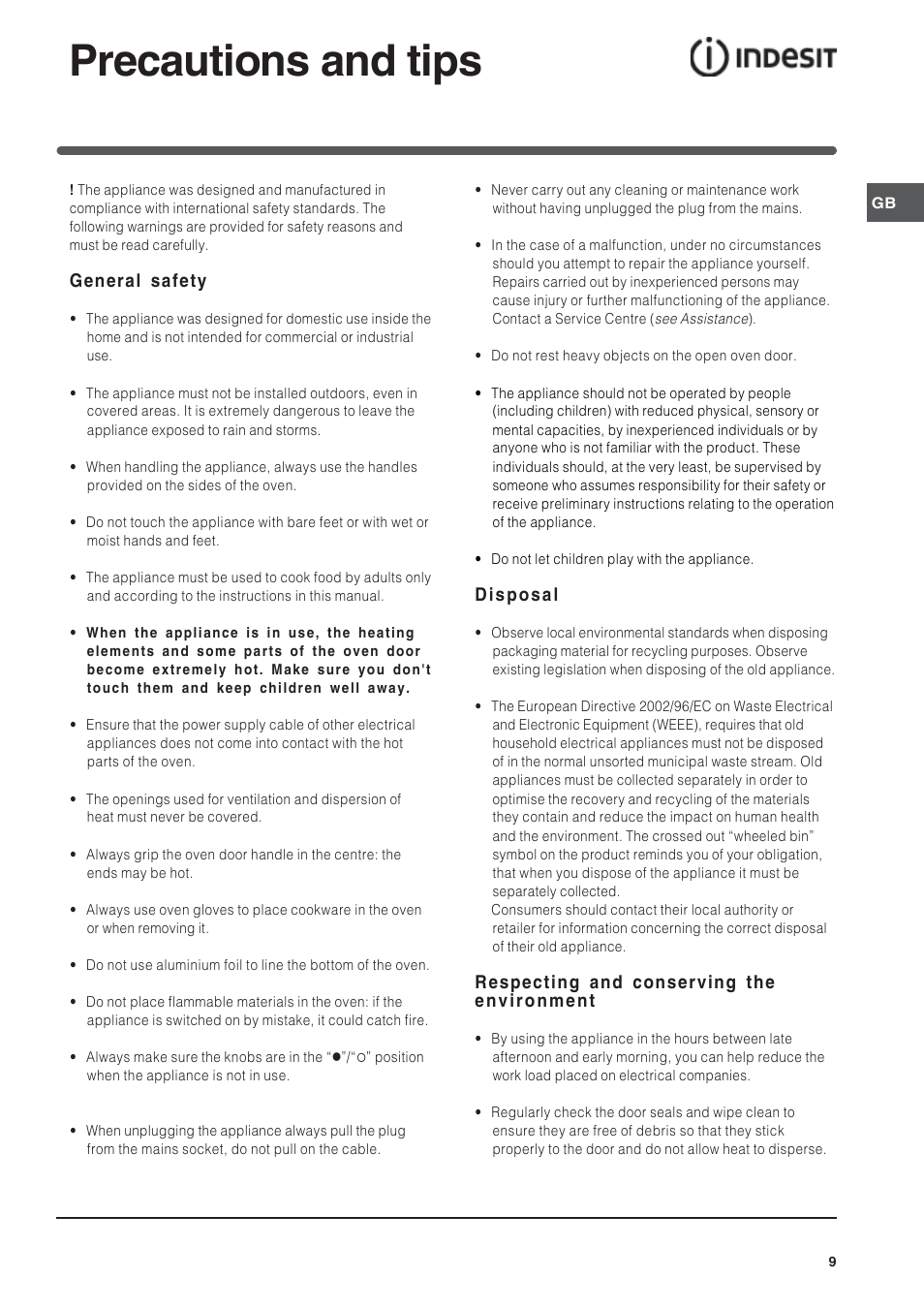 Precautions and tips | Indesit IFG User Manual | Page 9 / 12