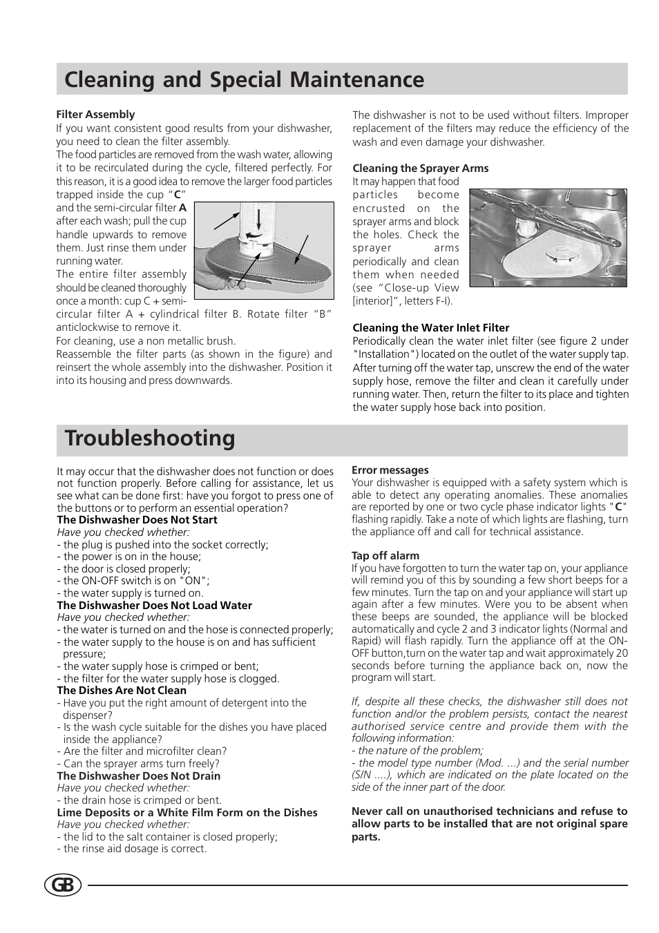 Cleaning and special maintenance, Troubleshooting | Indesit DI 62 User Manual | Page 10 / 16