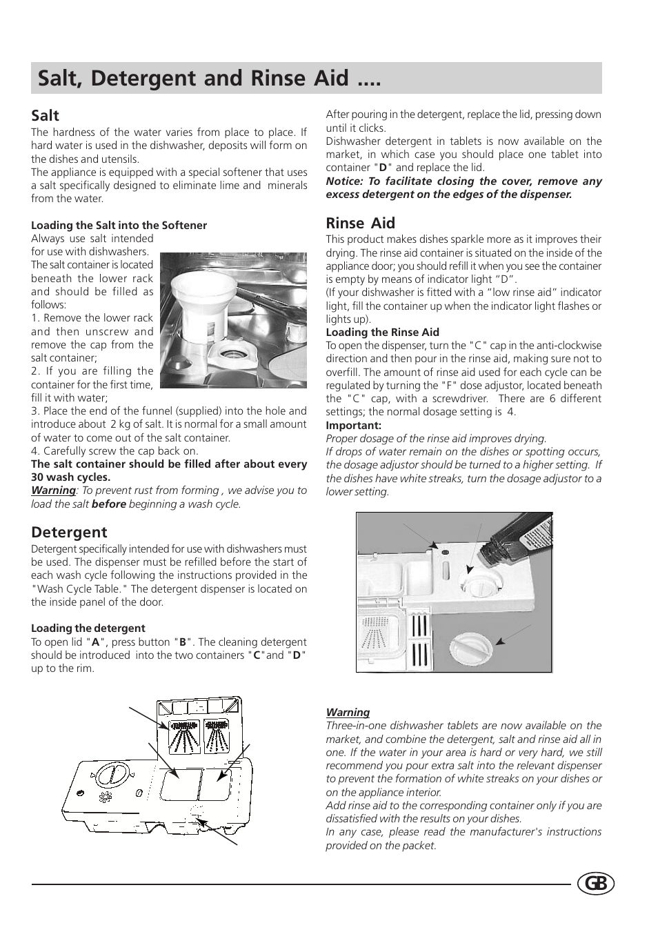 Salt, detergent and rinse aid, Salt, Detergent | Rinse aid | Indesit DI 62 User Manual | Page 5 / 16