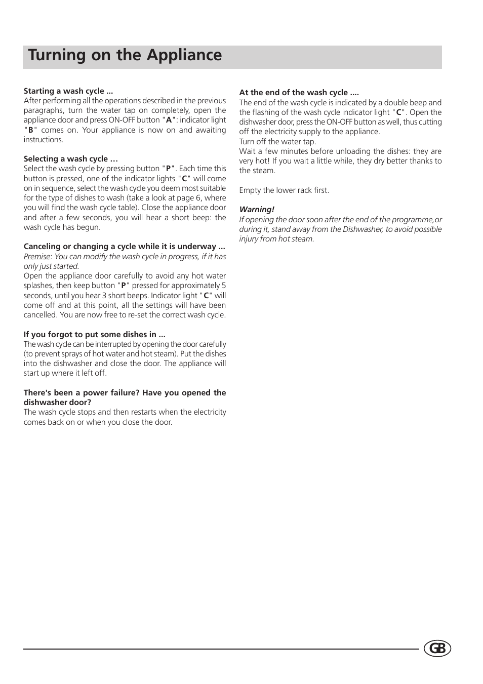 Turning on the appliance | Indesit DI 62 User Manual | Page 7 / 16