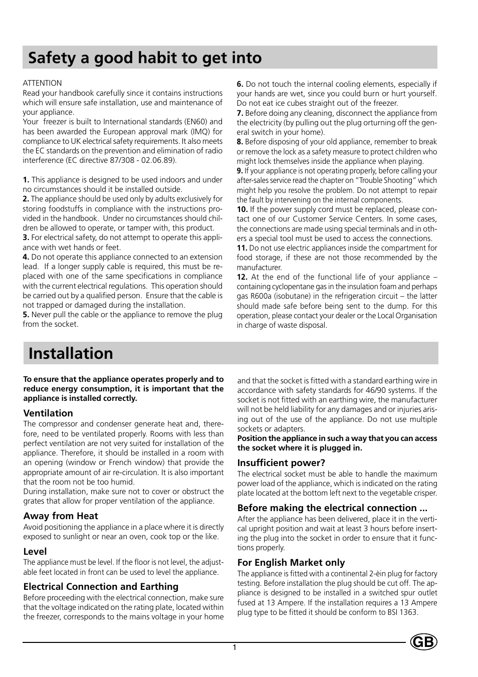 Safety a good habit to get into, Installation | Indesit GSF 120 UK User Manual | Page 3 / 12