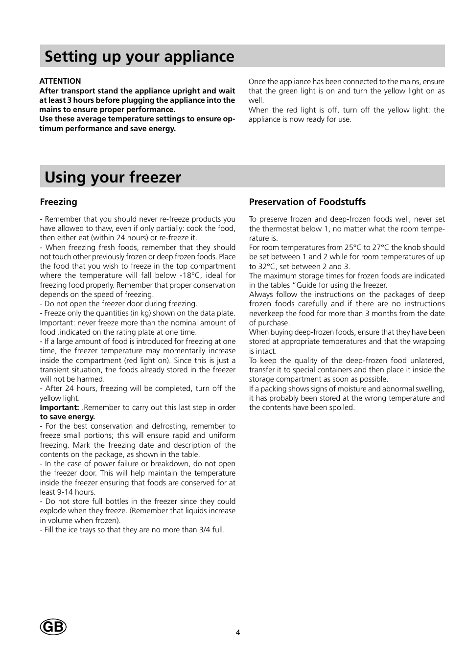 Setting up your appliance, Using your freezer | Indesit GSF 120 UK User Manual | Page 6 / 12