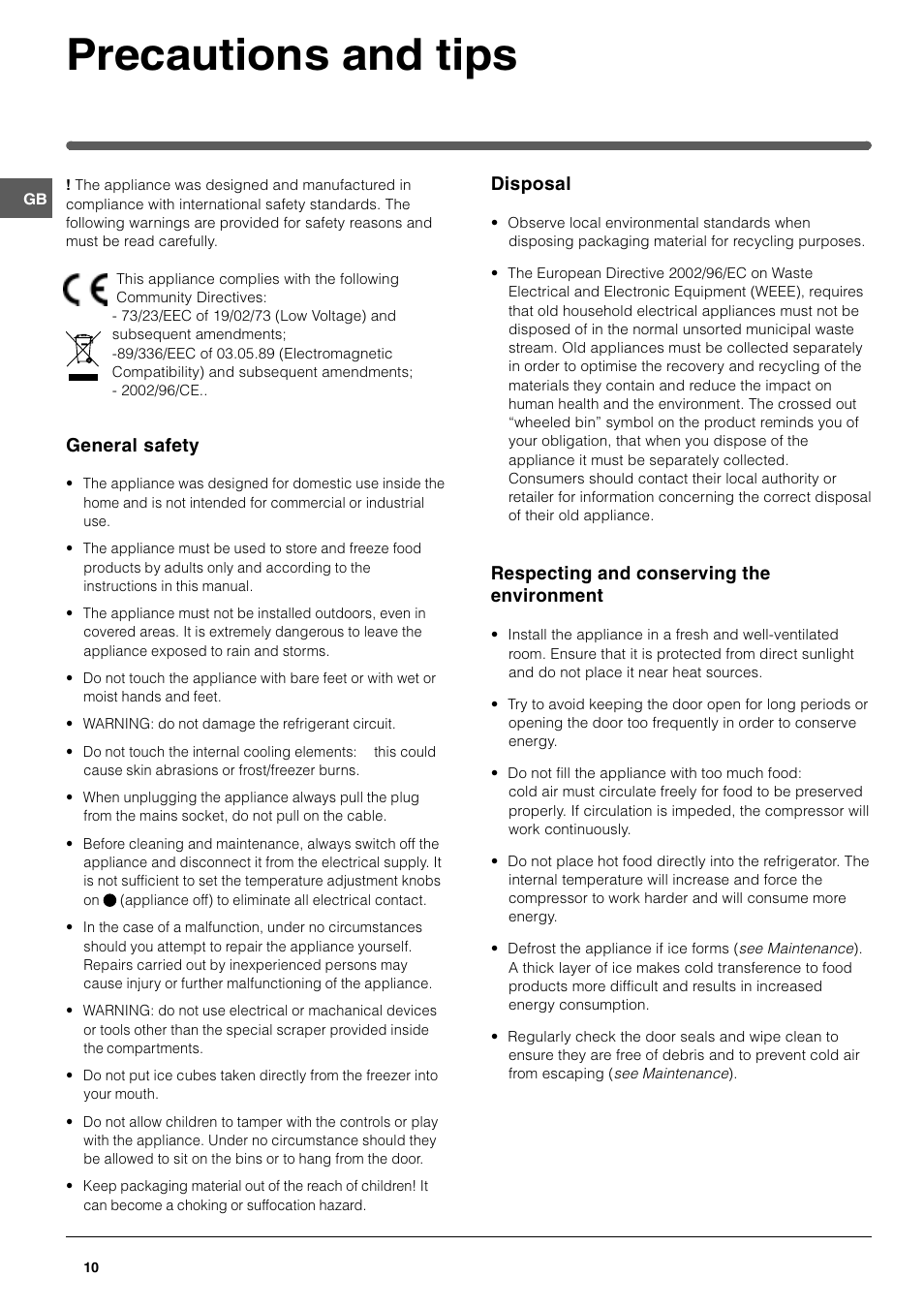 Precautions and tips | Indesit SAAN 300 User Manual | Page 10 / 12