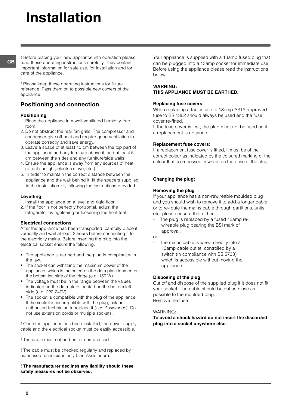 Installation, Positioning and connection | Indesit SAAN 300 User Manual | Page 2 / 12