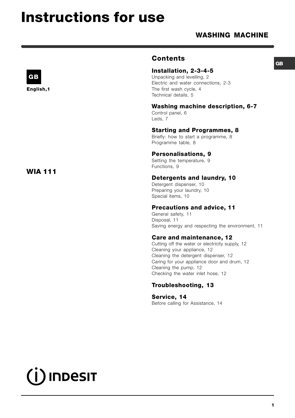 Indesit WIA 111 User Manual | 16 pages