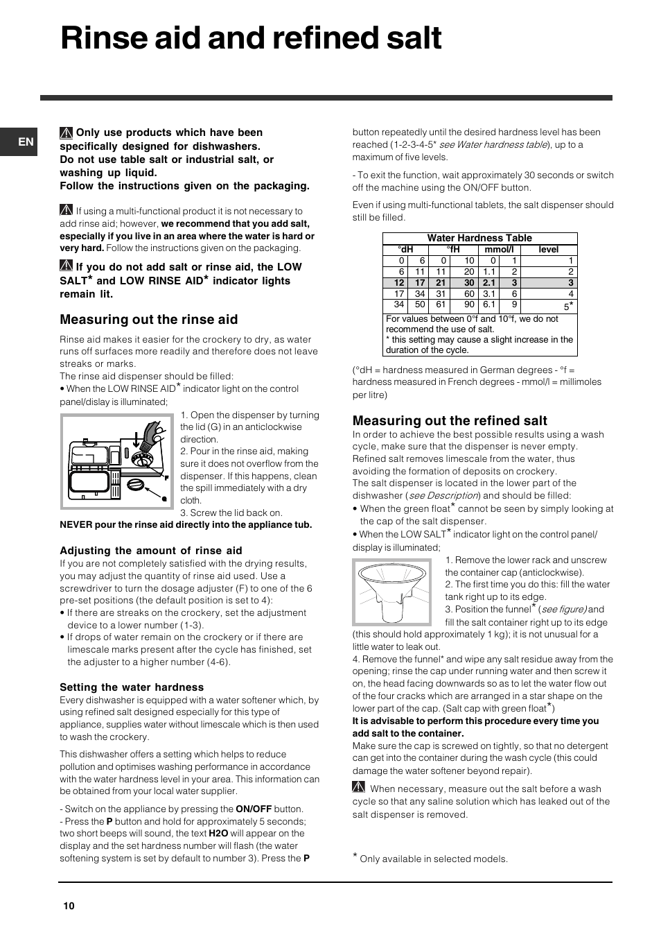 Rinse aid and refined salt, Measuring out the rinse aid, Measuring out the refined salt | Indesit IDP 148 User Manual | Page 10 / 16