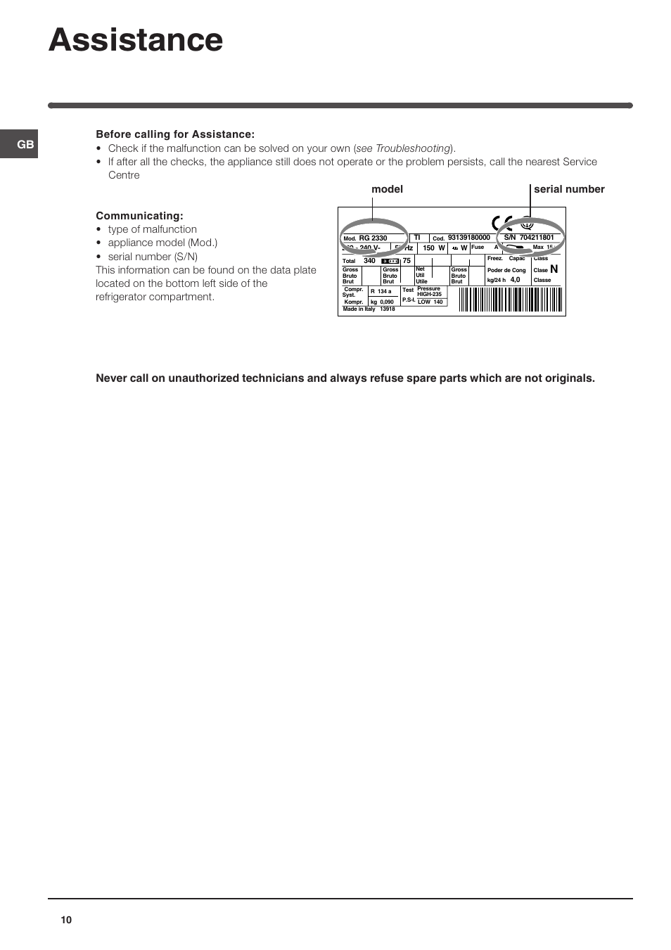 Assistance, Model serial number | Indesit TZA 1 S User Manual | Page 10 / 12