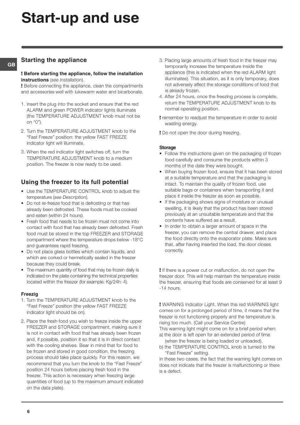 Start-up and use, Starting the appliance, Using the freezer to its full potential | Indesit TZA 1 S User Manual | Page 6 / 12