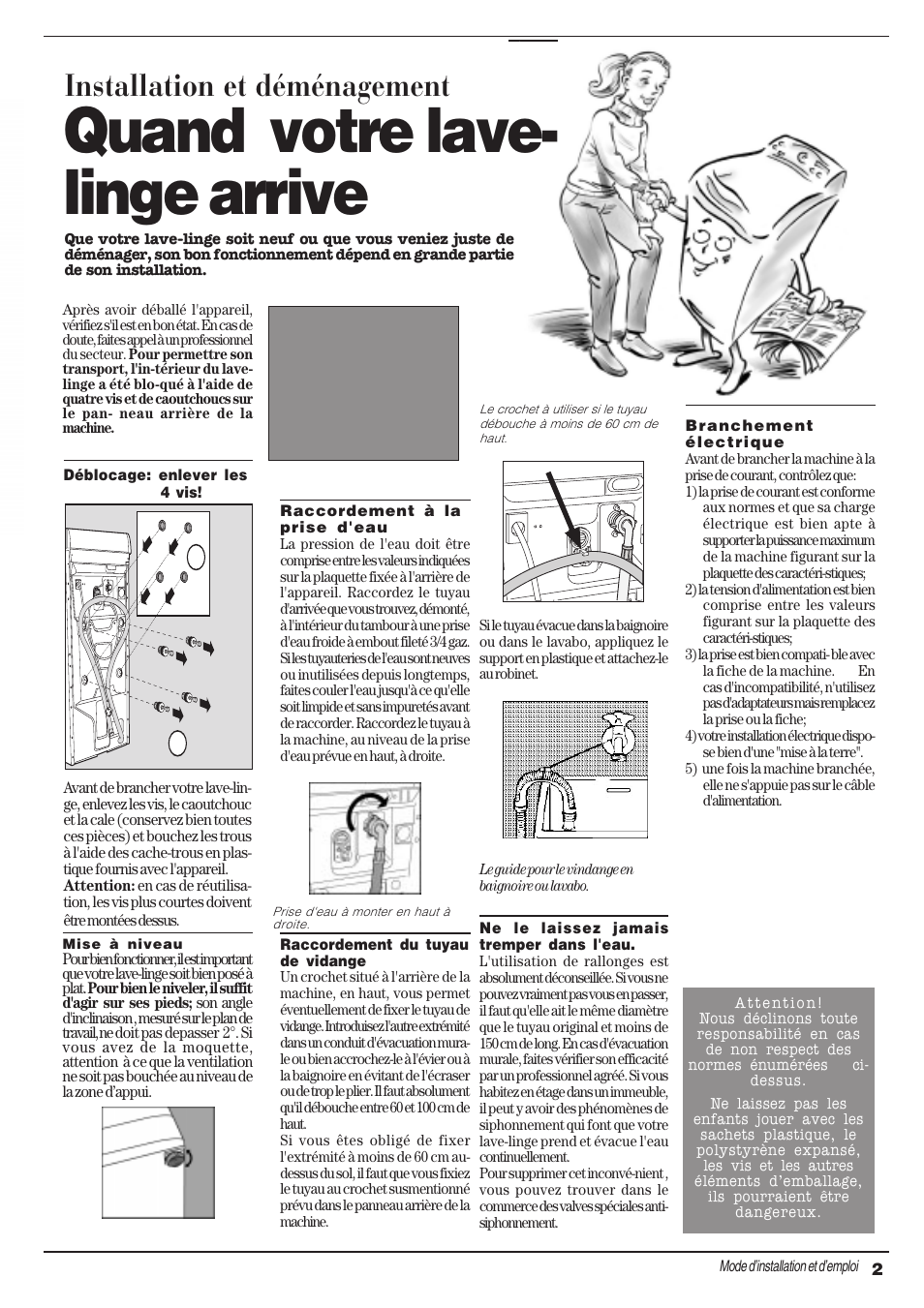Quand votre lave- linge arrive, Installation et déménagement | Ariston AT 84 User Manual | Page 19 / 80