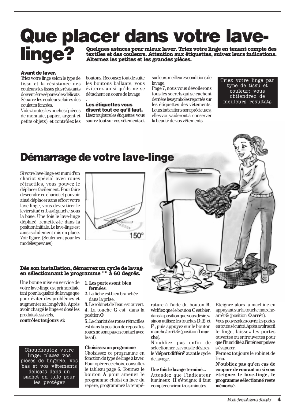 Que placer dans votre lave- linge, Démarrage de votre lave-linge | Ariston AT 84 User Manual | Page 21 / 80