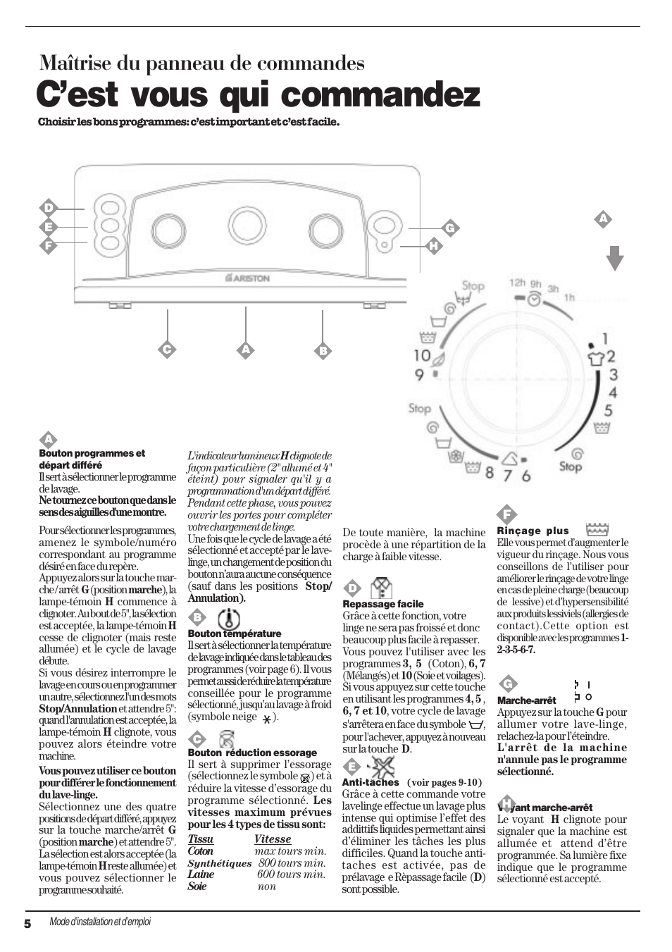 Cest vous qui commandez, Maîtrise du panneau de commandes | Ariston AT 84 User Manual | Page 22 / 80
