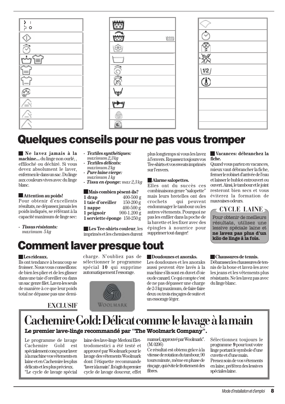 Cachemire gold: délicat comme le lavage à la main, Comment laver presque tout, Quelques conseils pour ne pas vous tromper | Cycle laine, Exclusif | Ariston AT 84 User Manual | Page 25 / 80