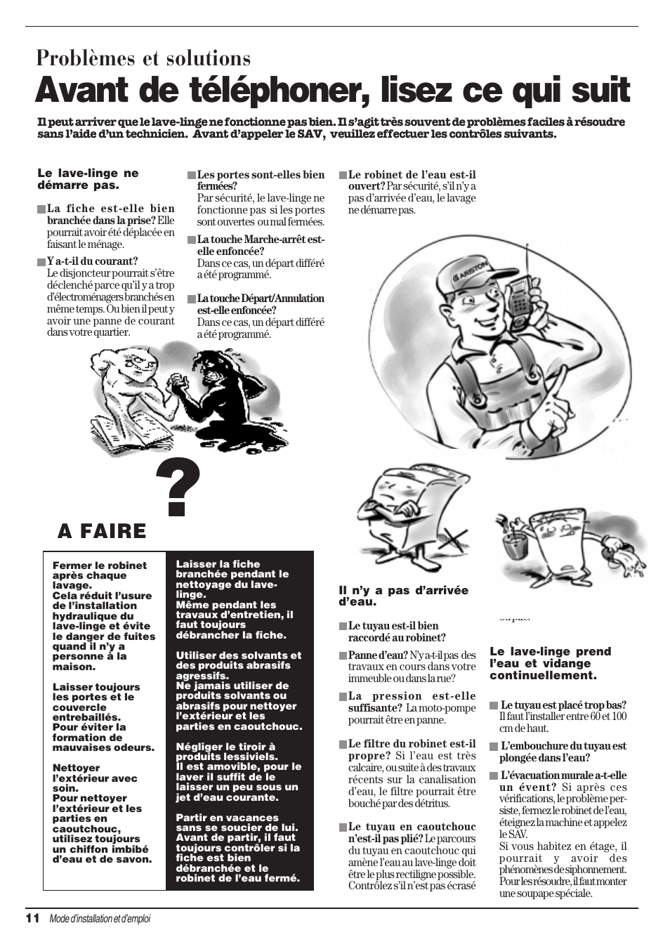 Avant de téléphoner, lisez ce qui suit, Problèmes et solutions, A faire a ne pas | Faire | Ariston AT 84 User Manual | Page 28 / 80