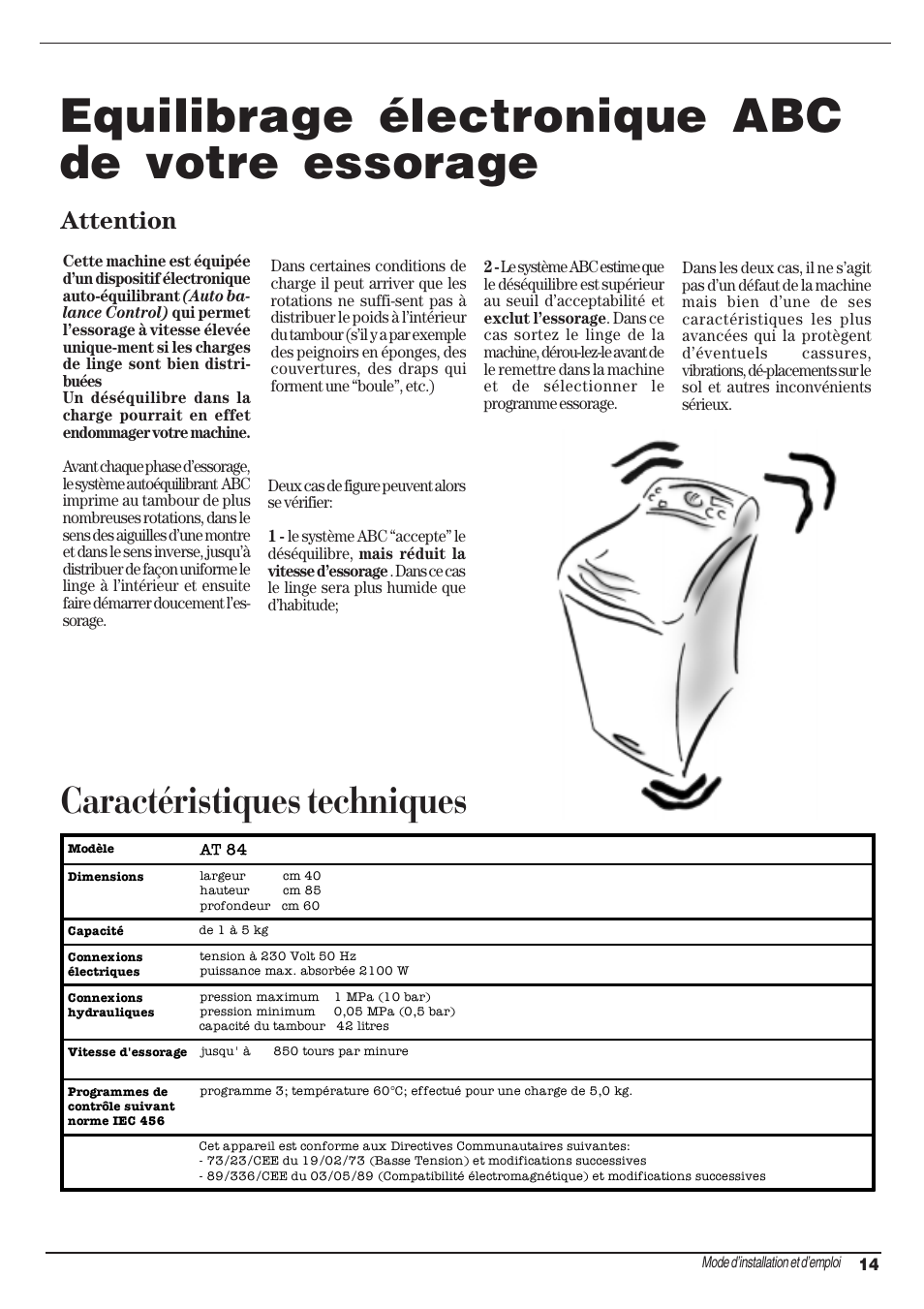 Equilibrage électronique abc de votre essorage, Caractéristiques techniques, Attention | Ariston AT 84 User Manual | Page 31 / 80