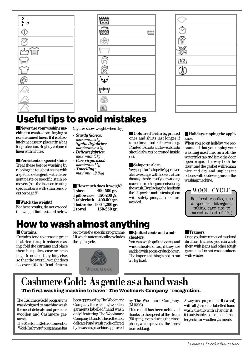 Cashmere gold: as gentle as a hand wash, How to wash almost anything, Useful tips to avoid mistakes | Wool cycle | Ariston AT 84 User Manual | Page 9 / 80