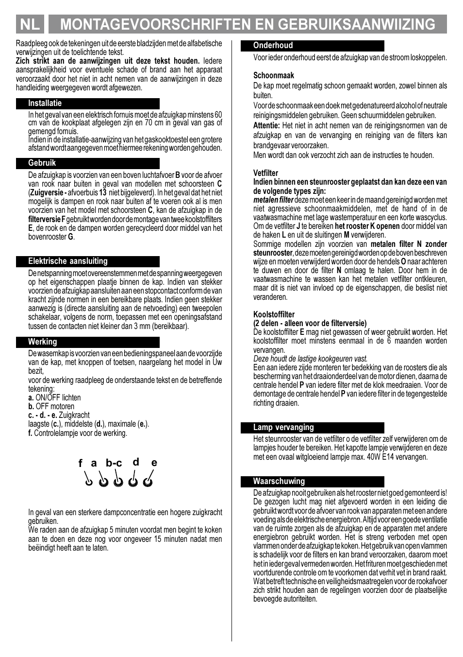 Montagevoorschriften en gebruiksaanwiizing nl, A b-c d e f | Indesit LI178D User Manual | Page 10 / 12