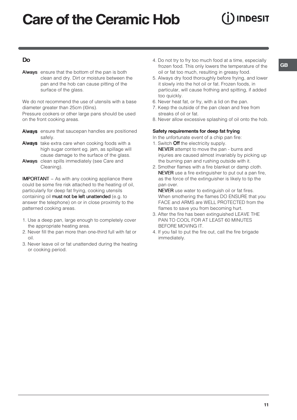 Care of the ceramic hob | Indesit KDP60 User Manual | Page 11 / 28