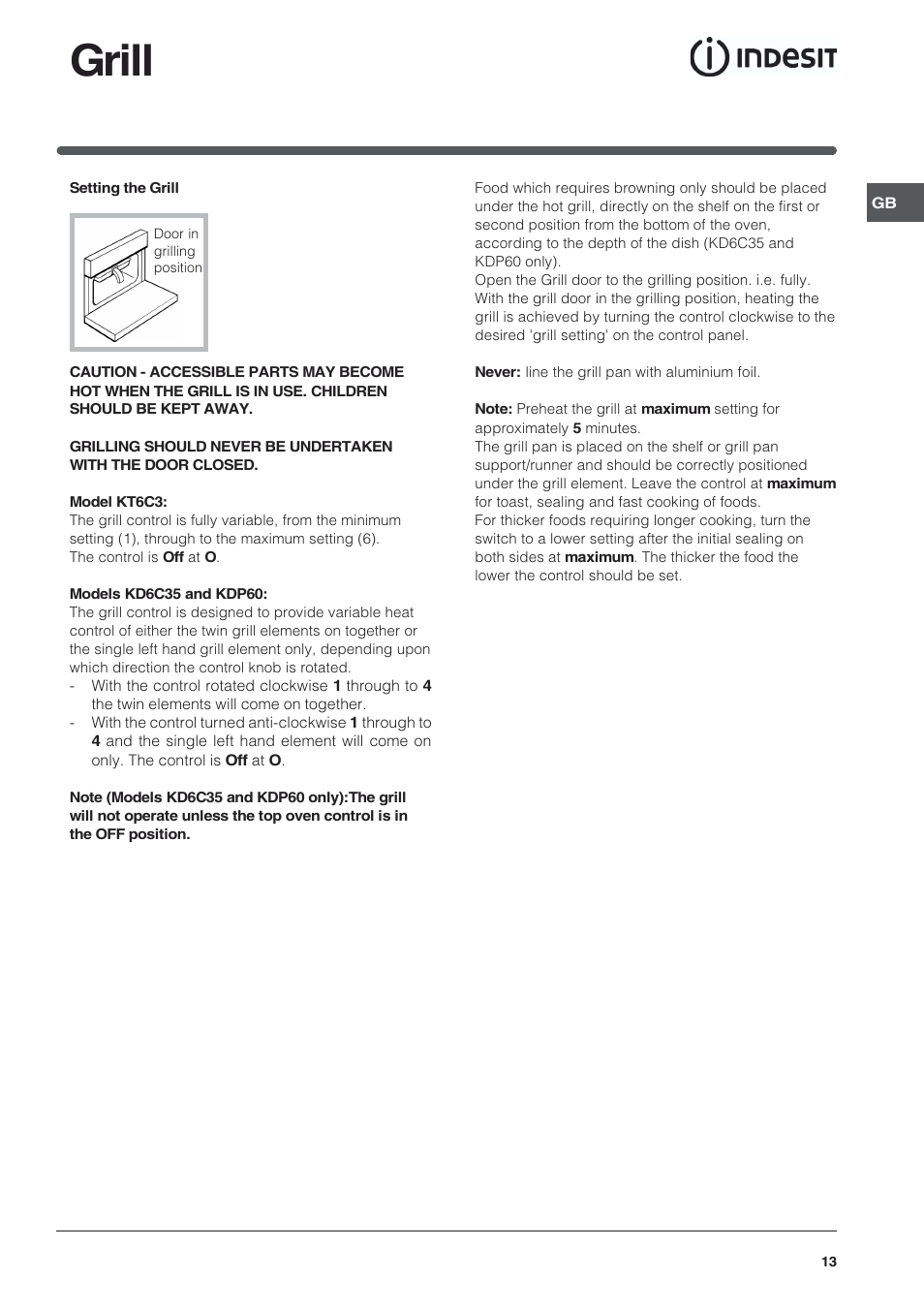 Grill | Indesit KDP60 User Manual | Page 13 / 28