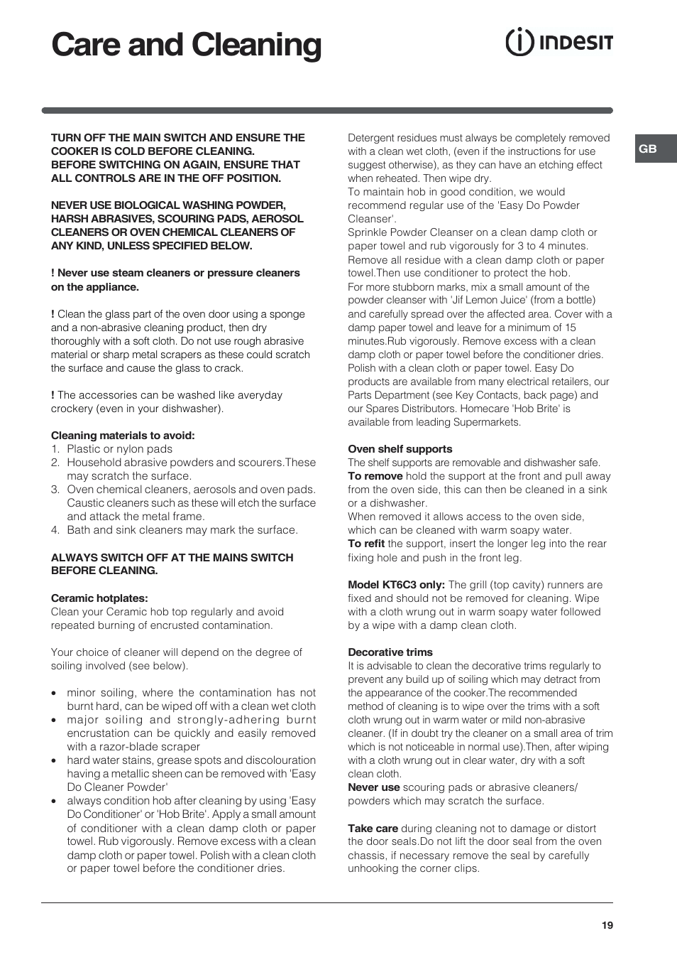 Care and cleaning | Indesit KDP60 User Manual | Page 19 / 28