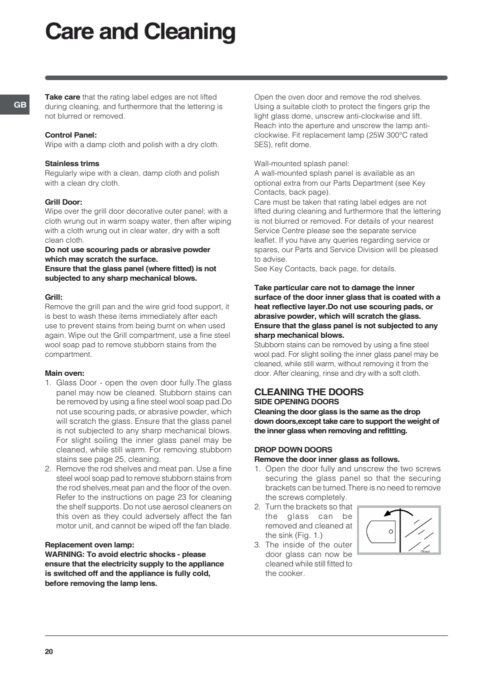 Care and cleaning, Cleaning the doors | Indesit KDP60 User Manual | Page 20 / 28