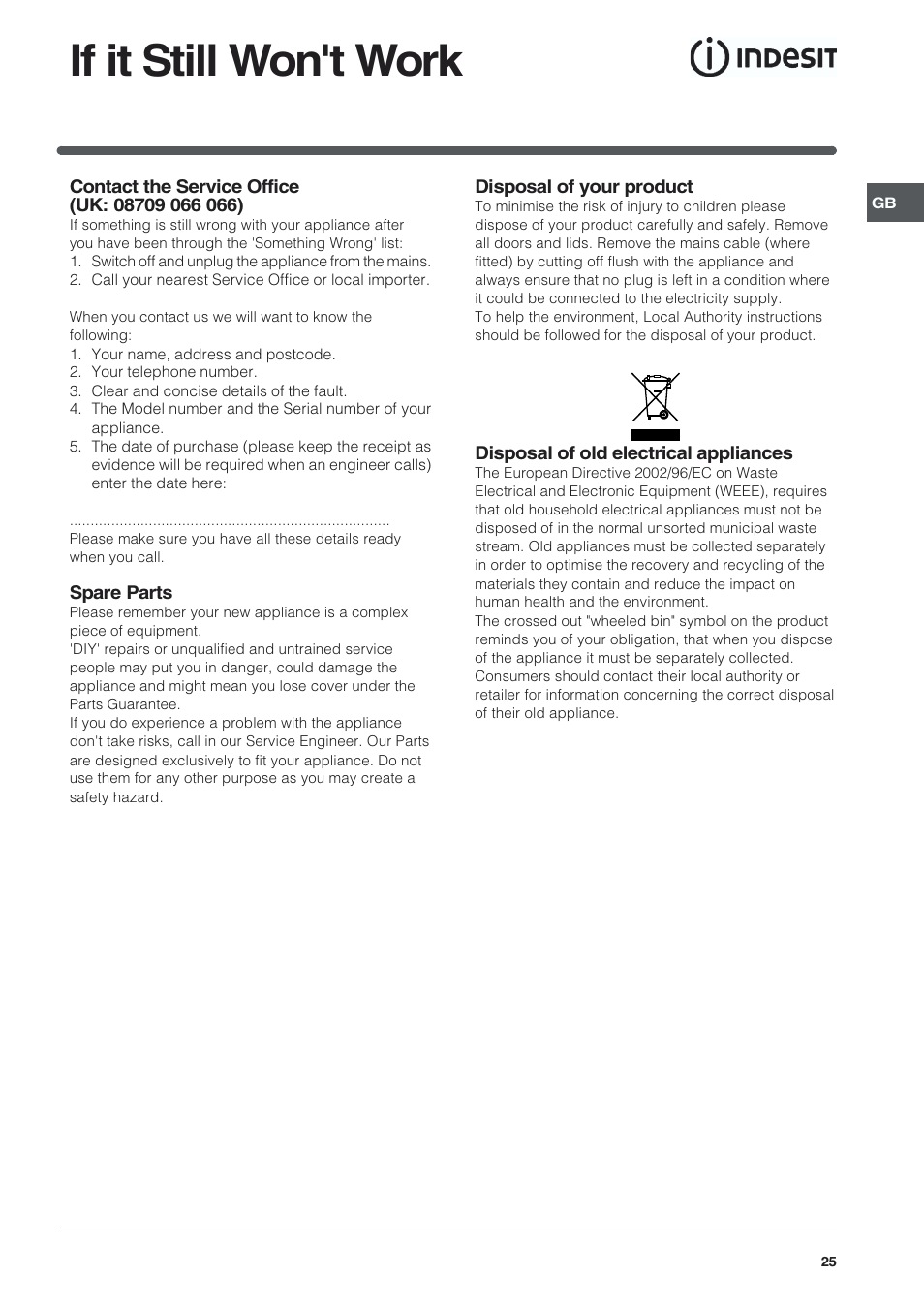 If it still won't work | Indesit KDP60 User Manual | Page 25 / 28
