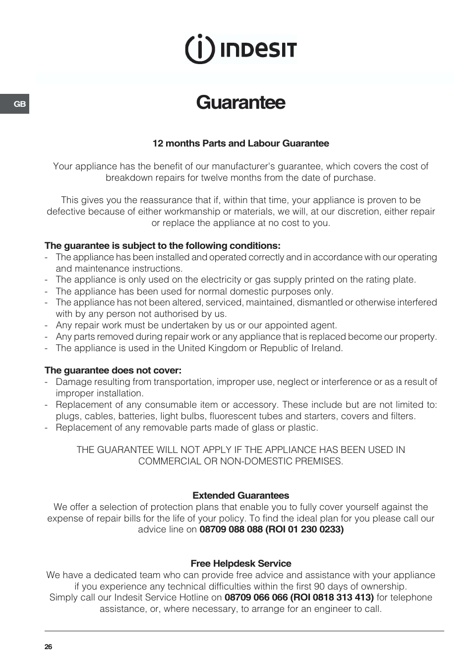 Guarantee | Indesit KDP60 User Manual | Page 26 / 28