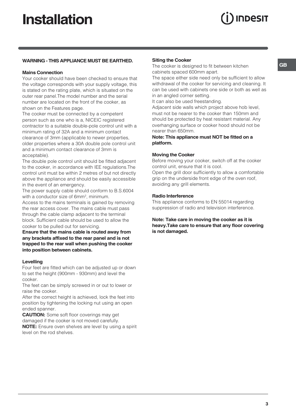 Installation | Indesit KDP60 User Manual | Page 3 / 28