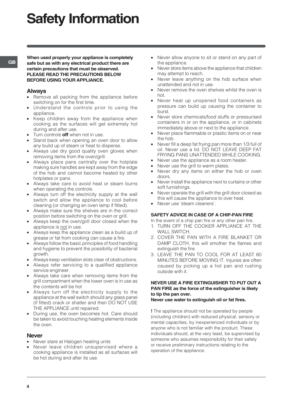 Safety information, Always, Never | Indesit KDP60 User Manual | Page 4 / 28