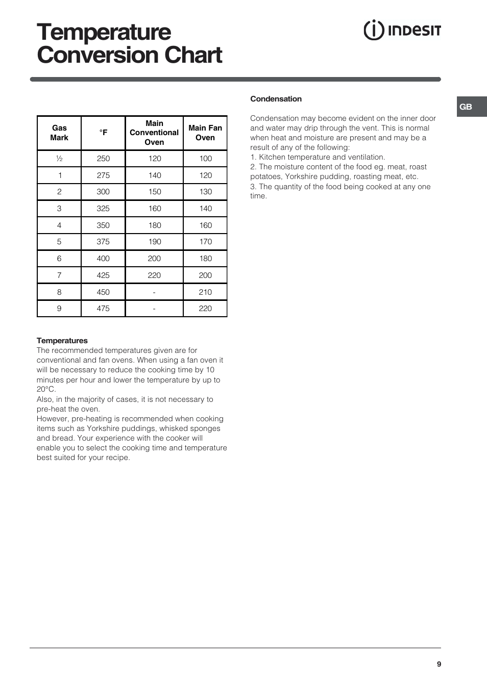 Temperature conversion chart | Indesit KDP60 User Manual | Page 9 / 28