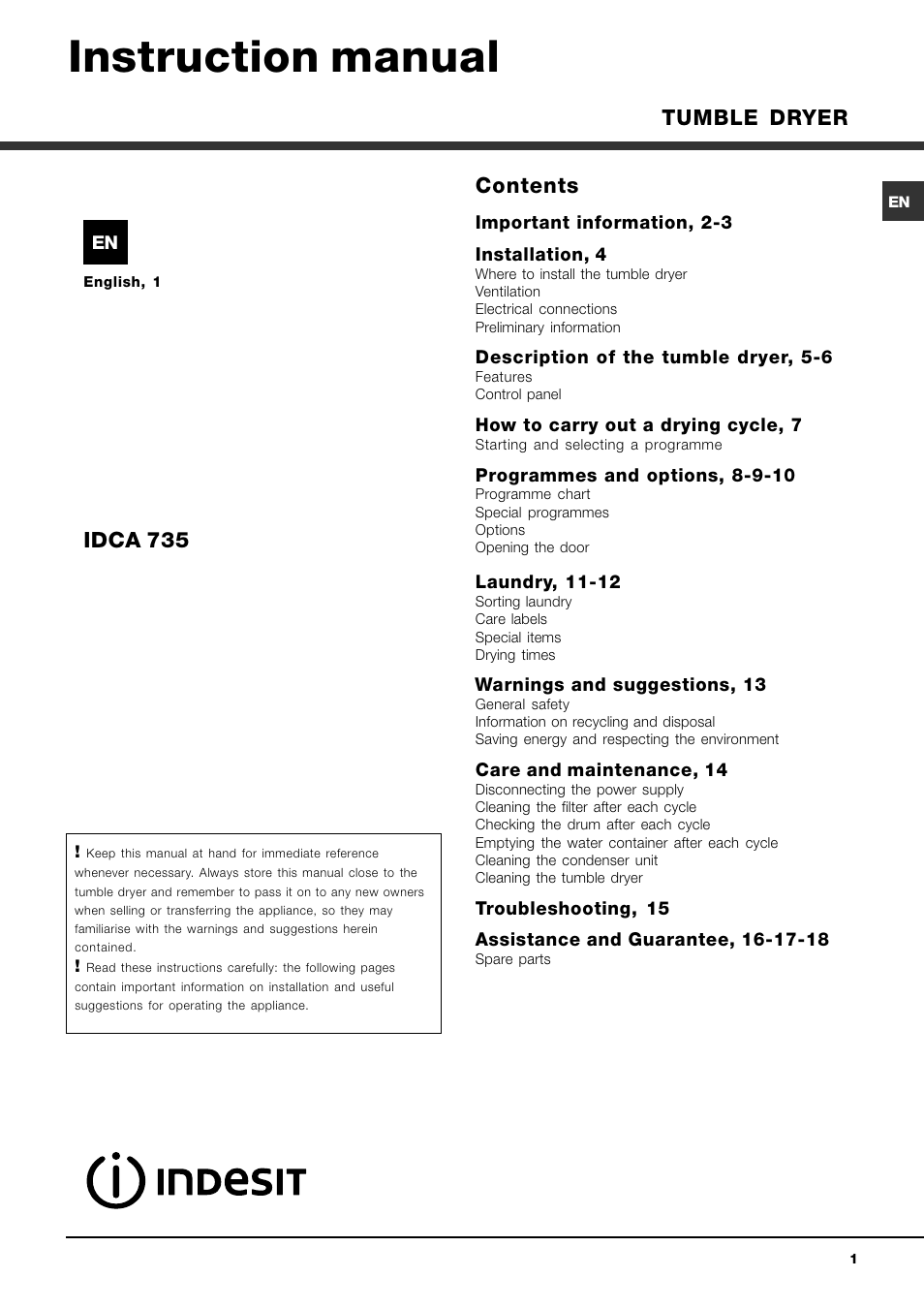 Indesit IDCA 735 User Manual | 20 pages