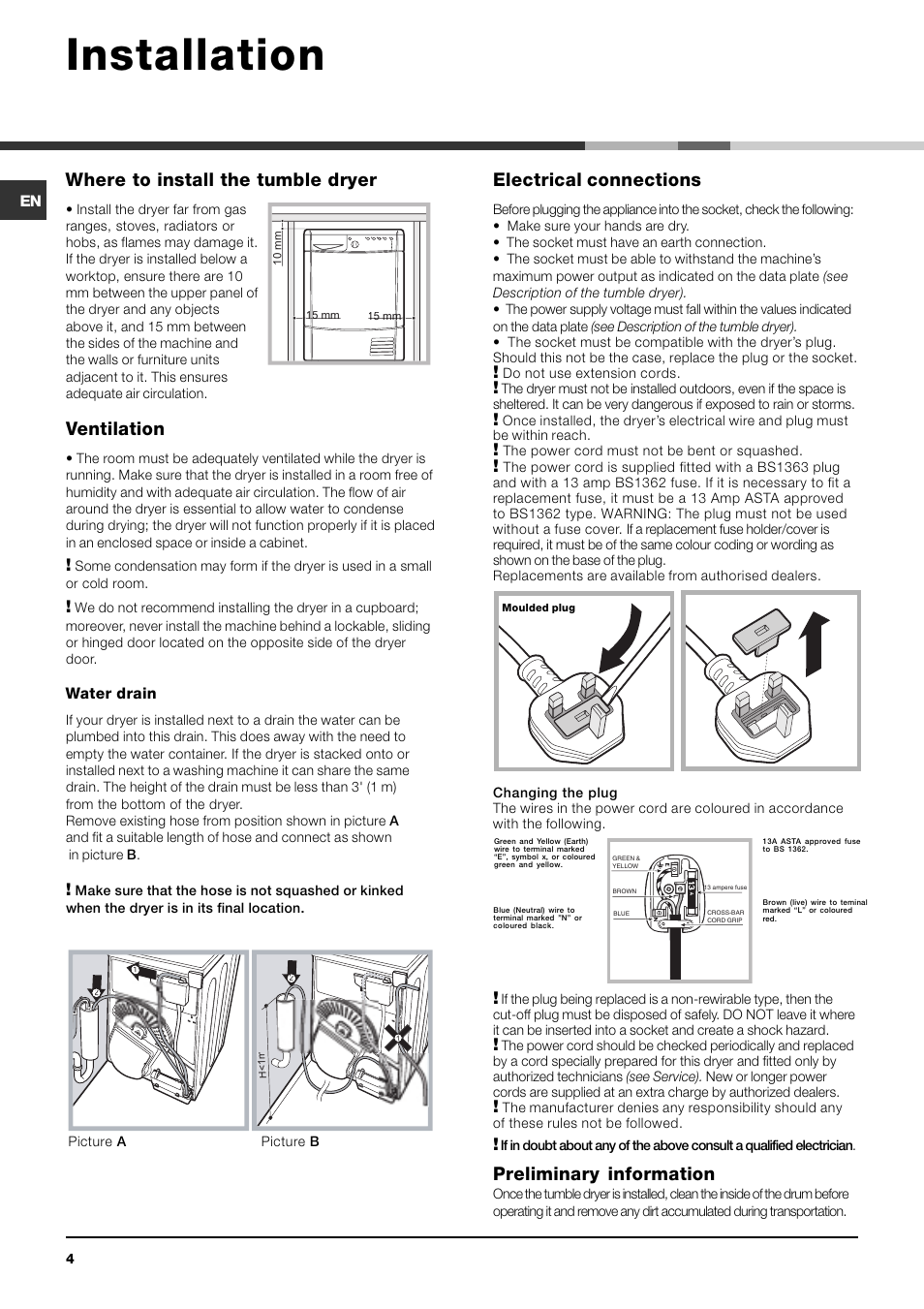 Installation, Where to install the tumble dryer, Ventilation | Electrical connections, Preliminary information | Indesit IDCA 735 User Manual | Page 4 / 20