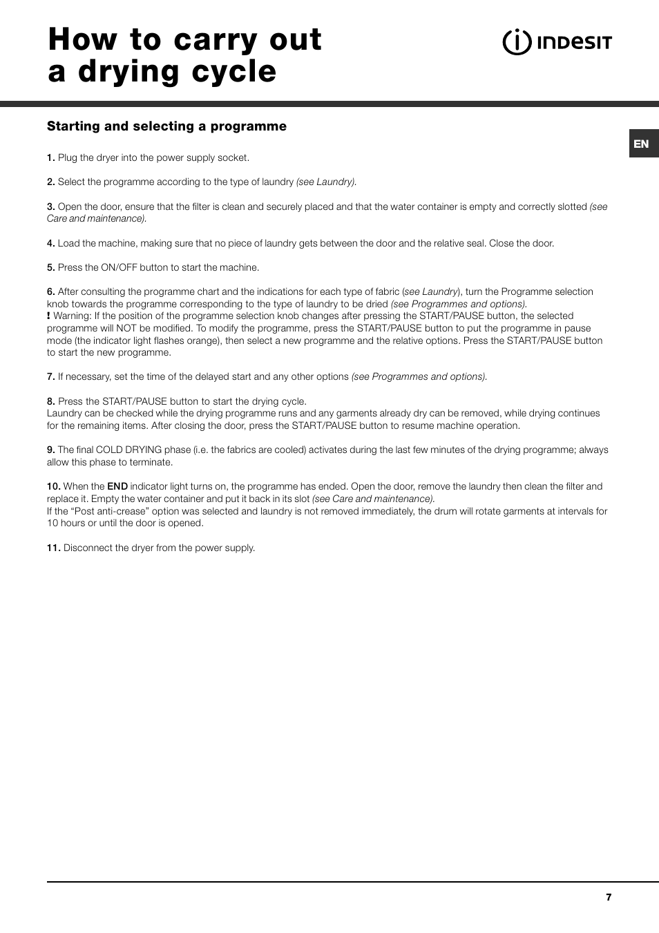 How to carry out a drying cycle | Indesit IDCA 735 User Manual | Page 7 / 20