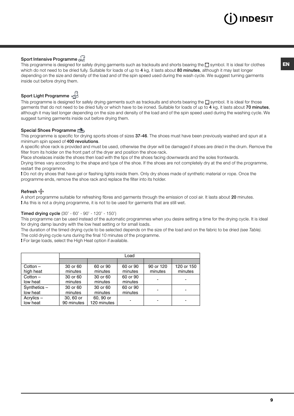 Indesit IDCA 735 User Manual | Page 9 / 20