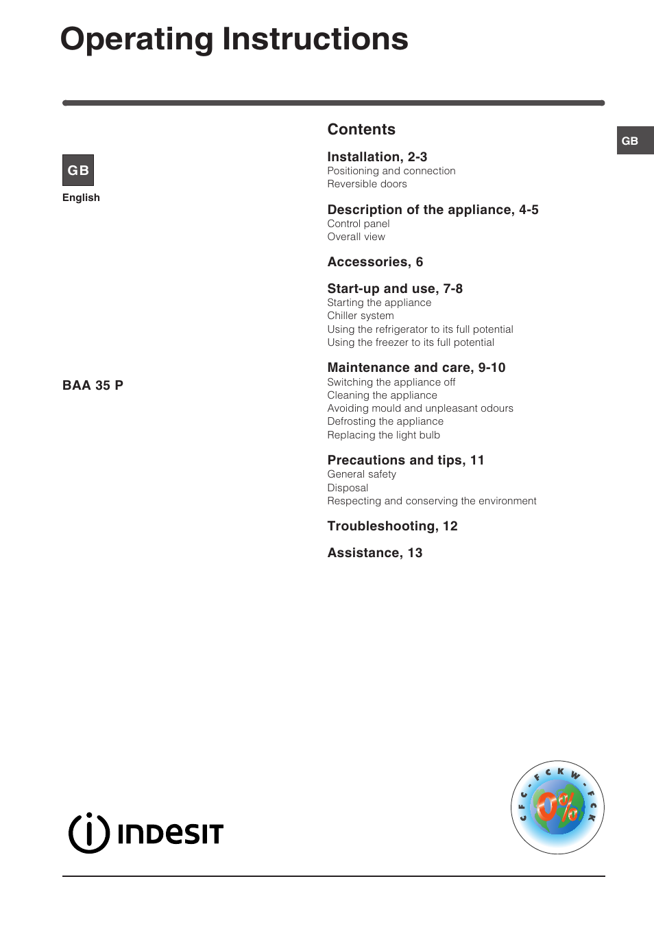 Indesit BAA 35P User Manual | 16 pages