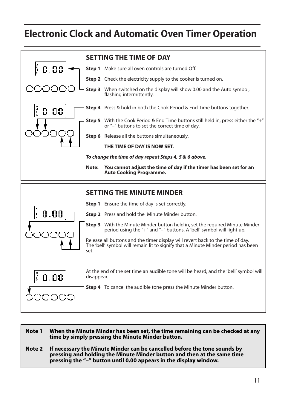 Setting the time of day, Setting the minute minder | Indesit FDU20 User Manual | Page 11 / 36