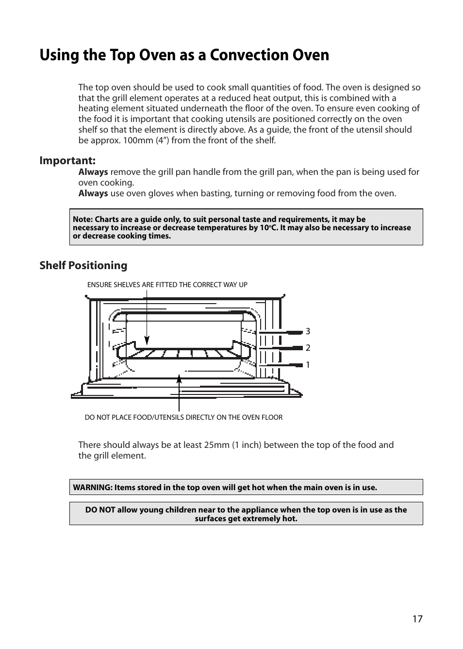 Using the top oven as a convection oven, Important, Shelf positioning | Indesit FDU20 User Manual | Page 17 / 36
